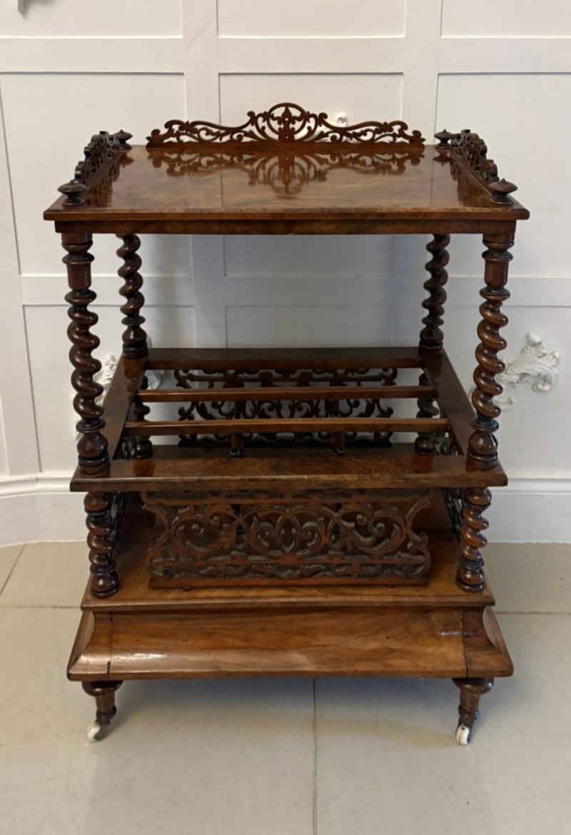 Antique Victorian Burr Walnut Canterbury Magazine Rack / Occasional Table